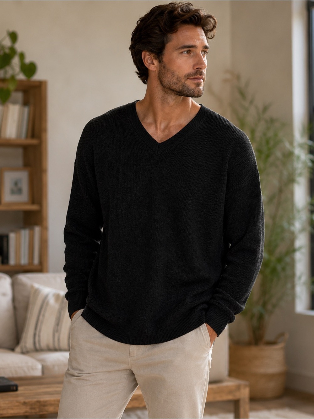 Bachrach Black V-Neck Wool Blend Sweater XL Men’s Lightweight Knit Pullover